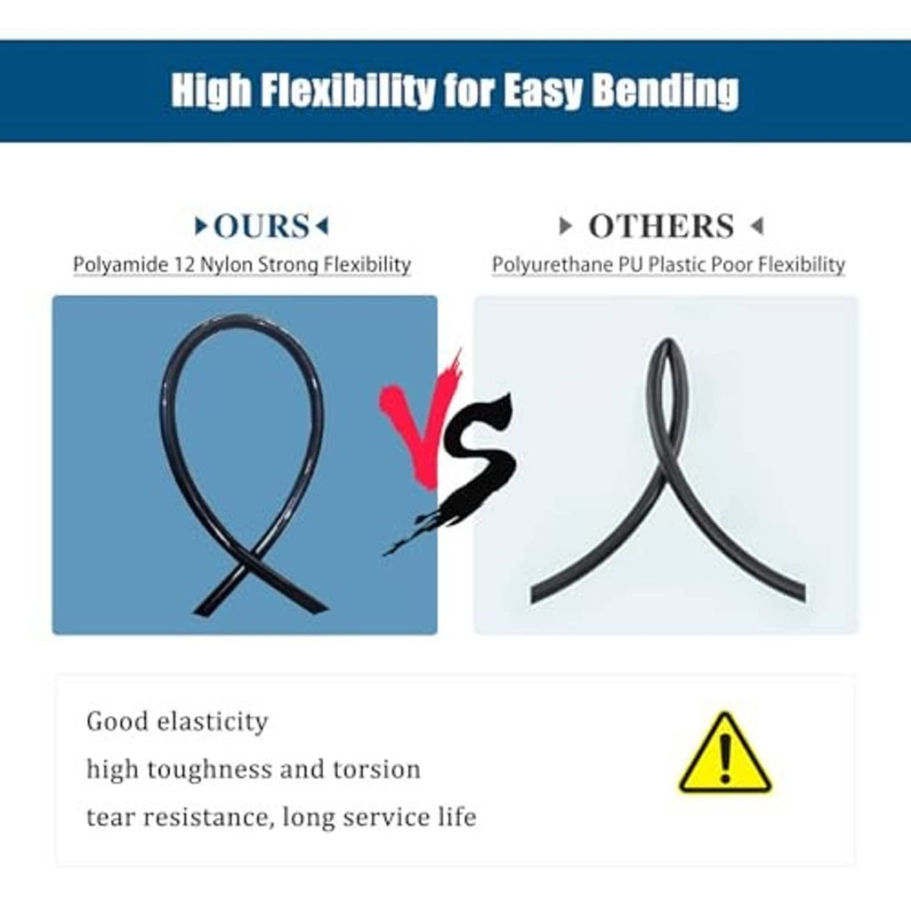 Flexible black air brake tubing comparison sample, easy-bend polyamide nylon 12