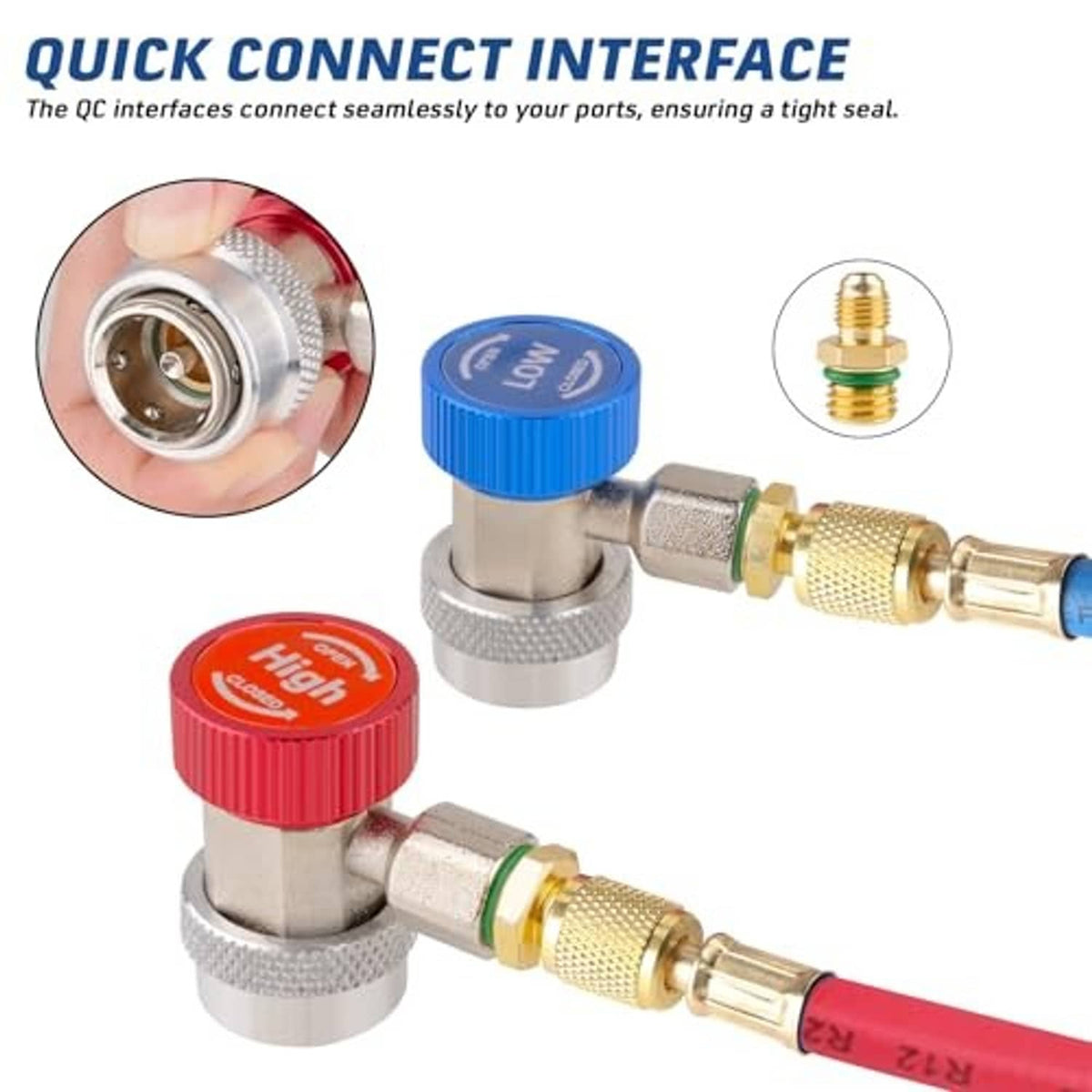 Quick connect interface showing R134a adapter coupler with red and blue closure knobs