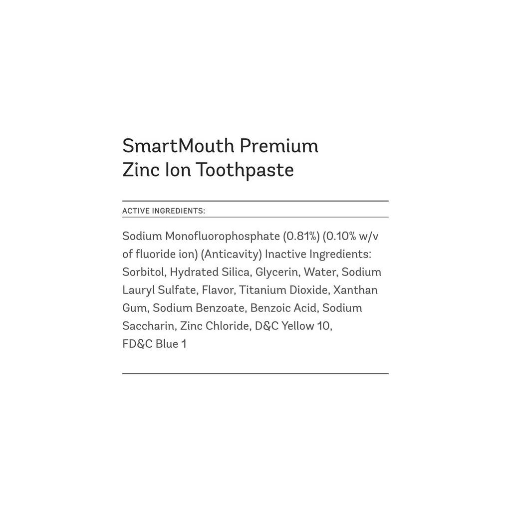 Zinc ion toothpaste ingredient panel on back of green-and-white tube