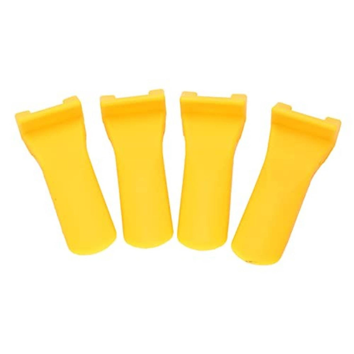 Four yellow plastic wheel rim guards with curved shape and small attachment tabs