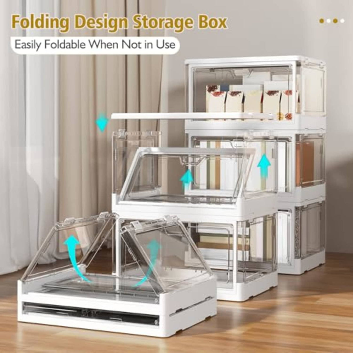 White collapsible storage bins with hinged fold-out lids, compact when folded