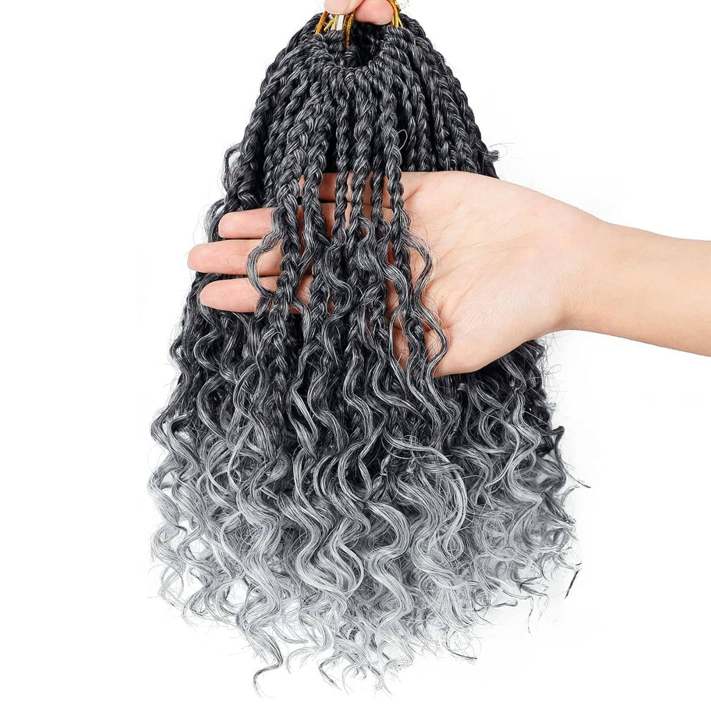 Hand-held dark gray crochet braid hair bundle with looped top and curly ombre ends