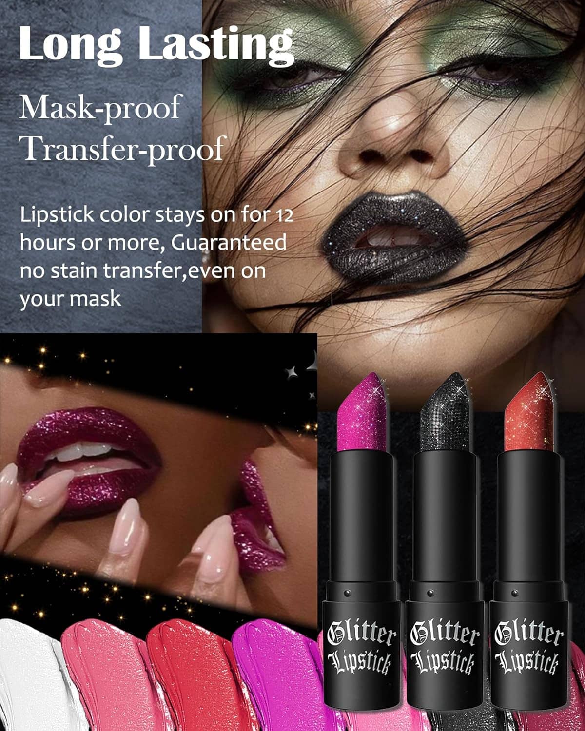 Set of glitter lipsticks in black tubes with wine red and pink swatches