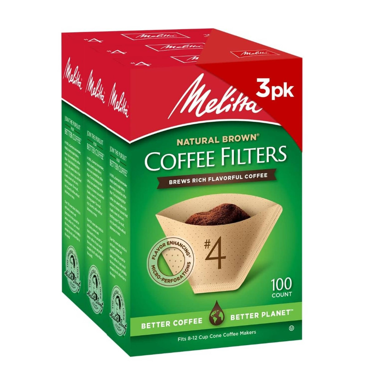 Melitta #4 natural brown coffee filter 3-pack box, unbleached paper cones, 100 count