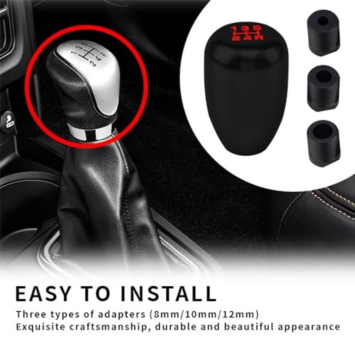 Black manual 5-speed gear shift knob with red 1-3-5 and R-2-4 marking, close-up