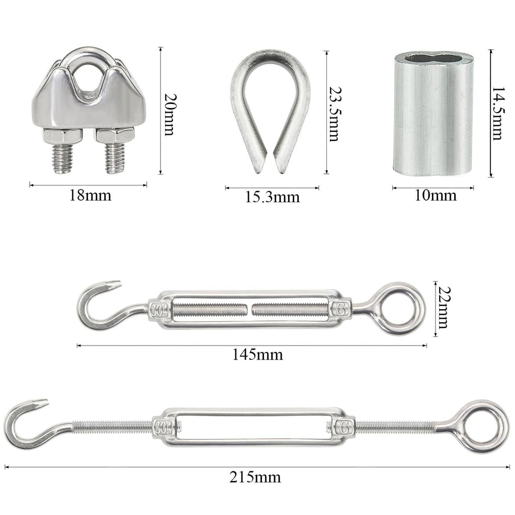 Stainless steel turnbuckle tension wire rope with eye and hook, with dimensions