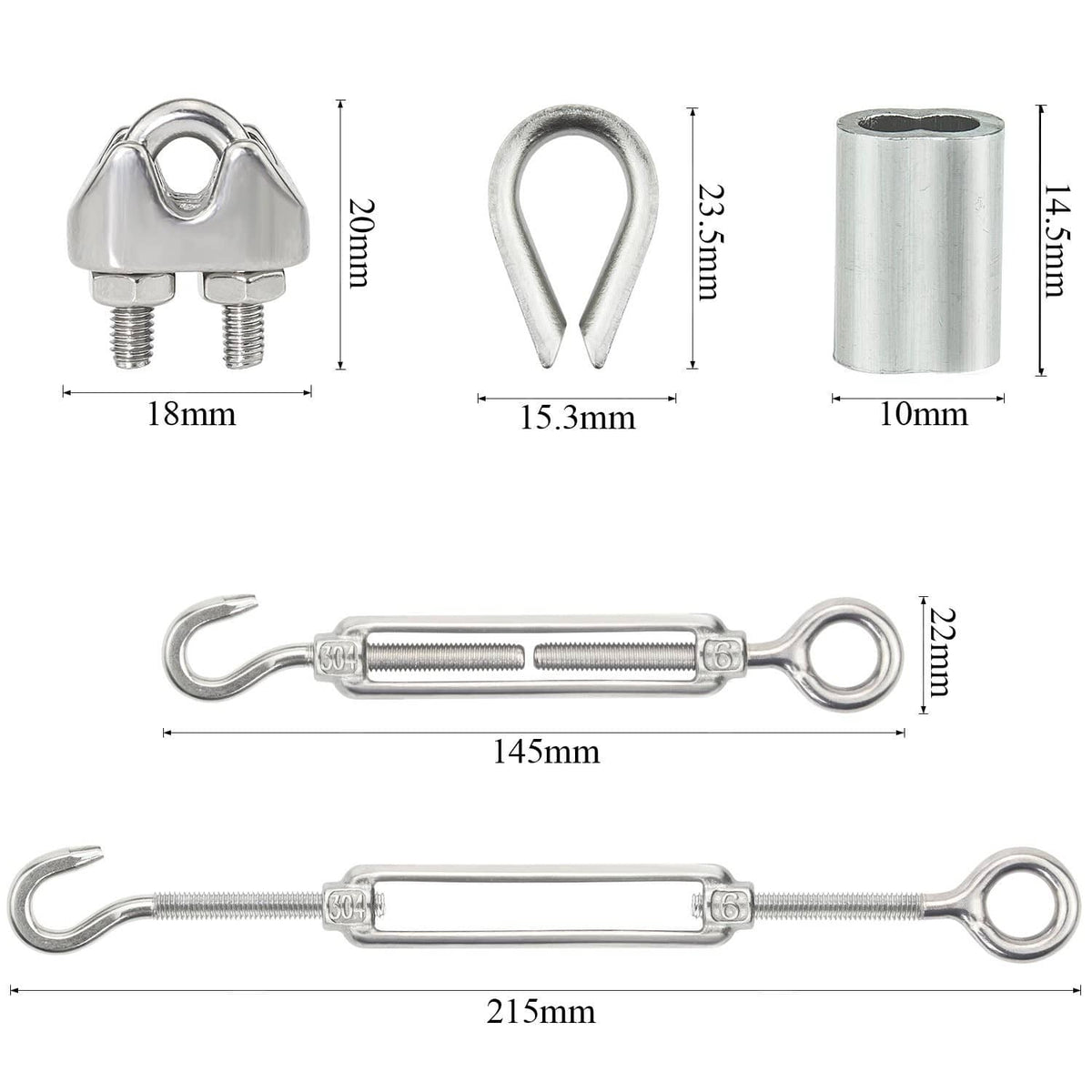 Stainless steel turnbuckle tension wire rope with eye and hook, with dimensions