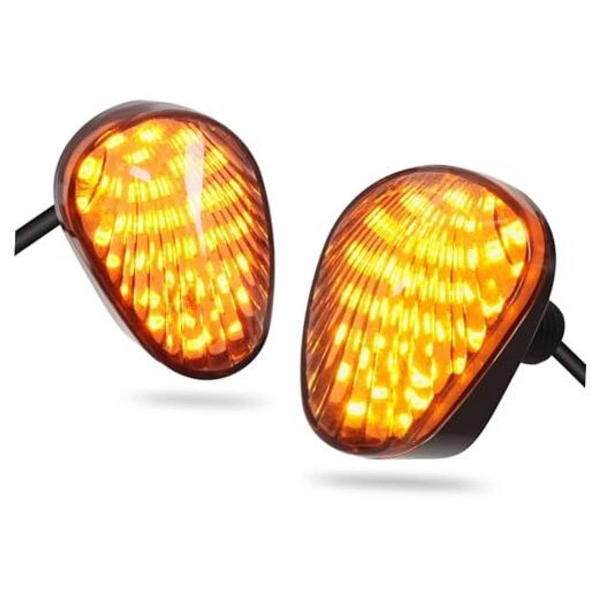 Smoked oval LED motorcycle turn signal lights, amber glow, with black mounting wires
