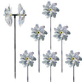 6-piece silver reflective garden pinwheels with stakes and blue-silver pinwheel blades