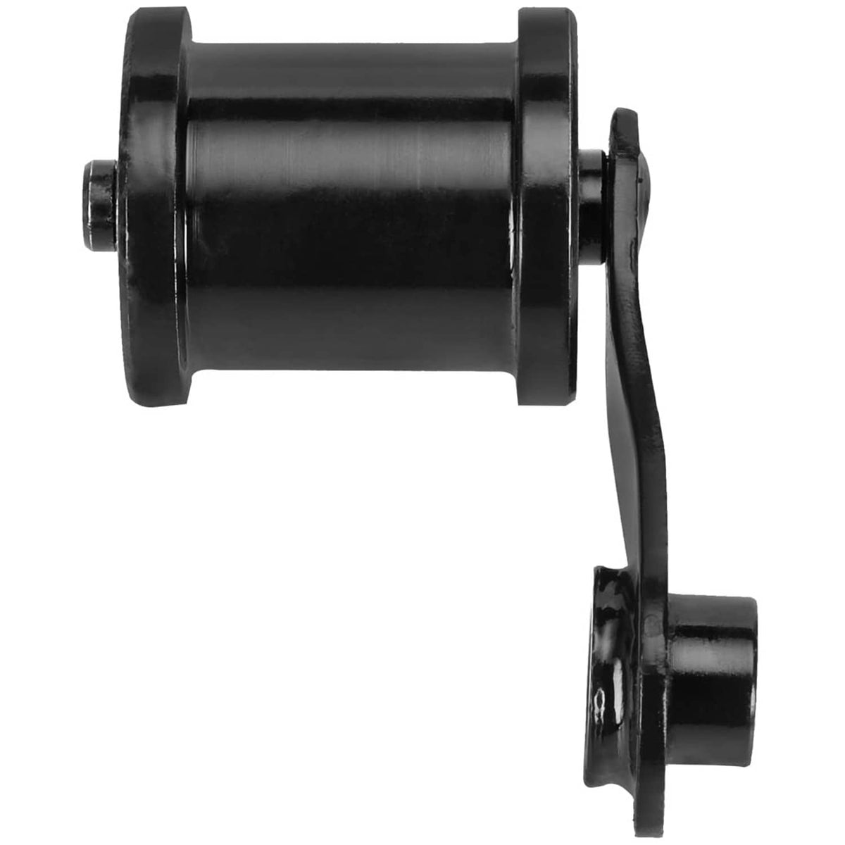 Mini bike chain tensioner roller housing with attached black mounting fork arm