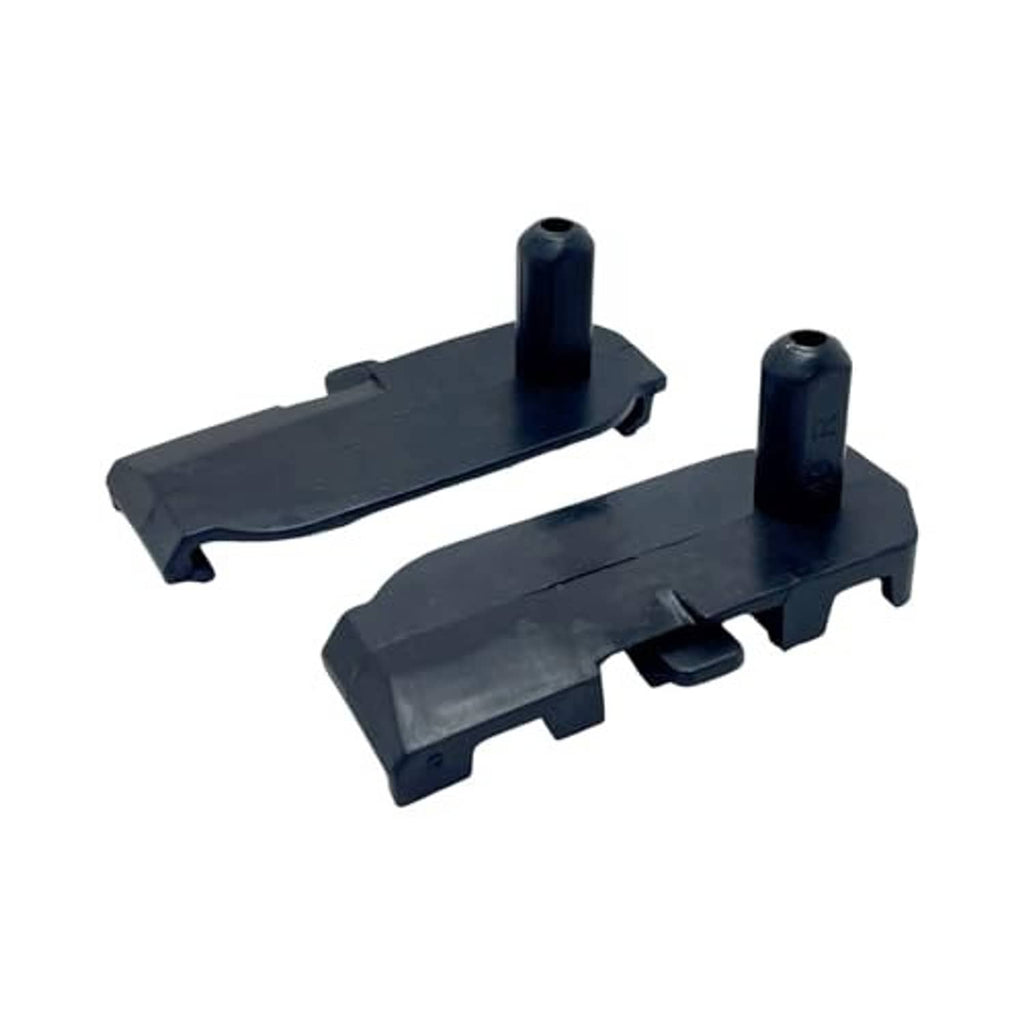 Dark plastic radiator support brackets pair with top pin posts and ribbed edges