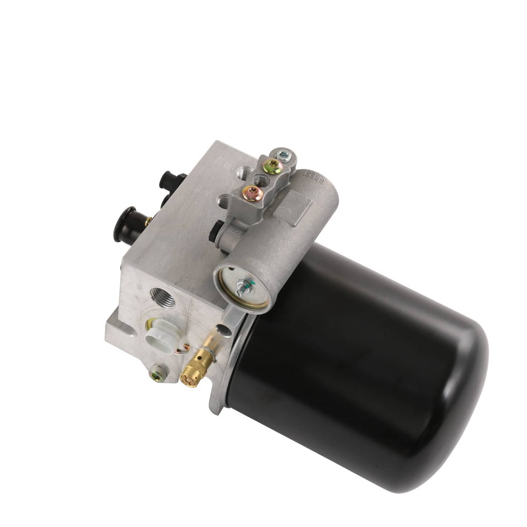 Compact air dryer with black canister and silver mounting block, electrical terminals on top