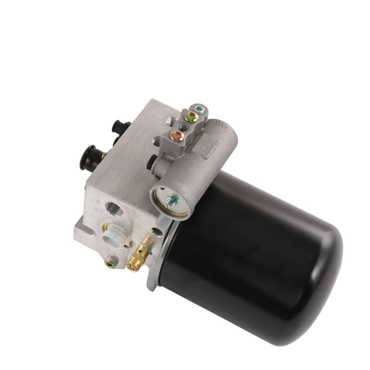 Compact air dryer with black canister and silver mounting block, electrical terminals on top
