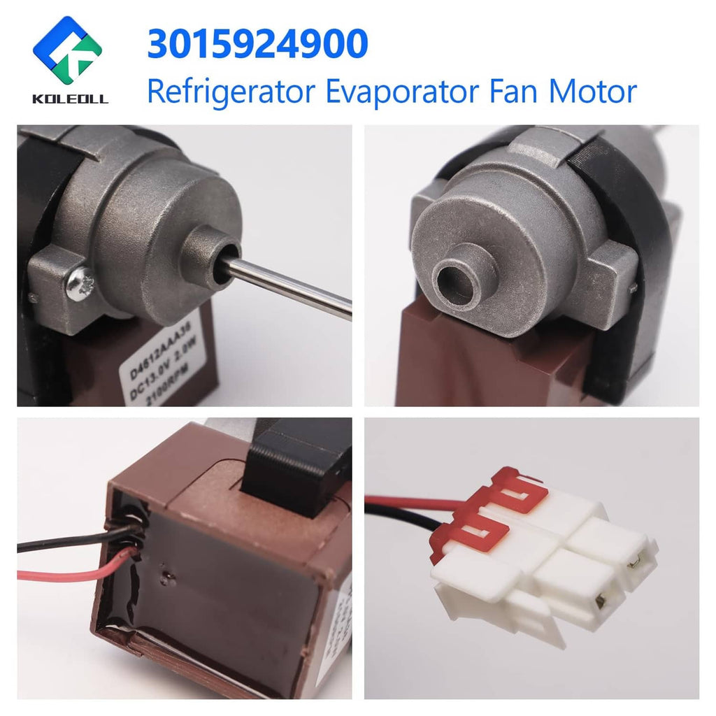 Refrigerator evaporator fan motor close-up: gray housing, metal shaft, wiring leads