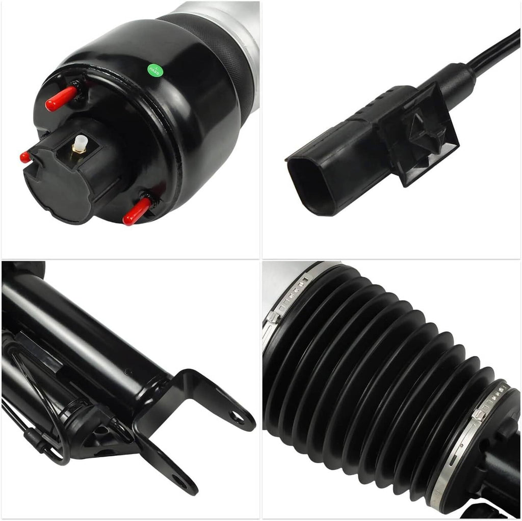 Air suspension strut close-up: black air spring, connector, mounting bracket, and screw hardware