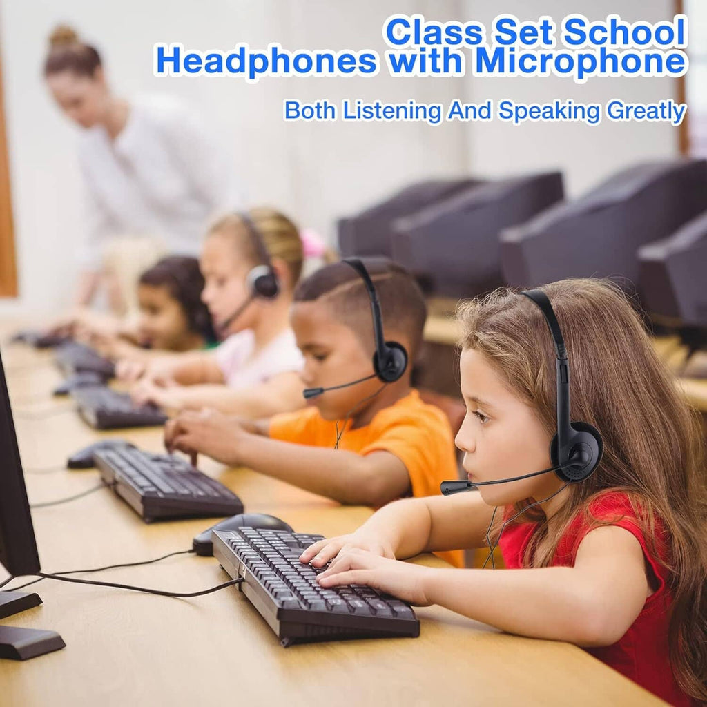 Black classroom over-ear headphones with boom microphone, worn by student