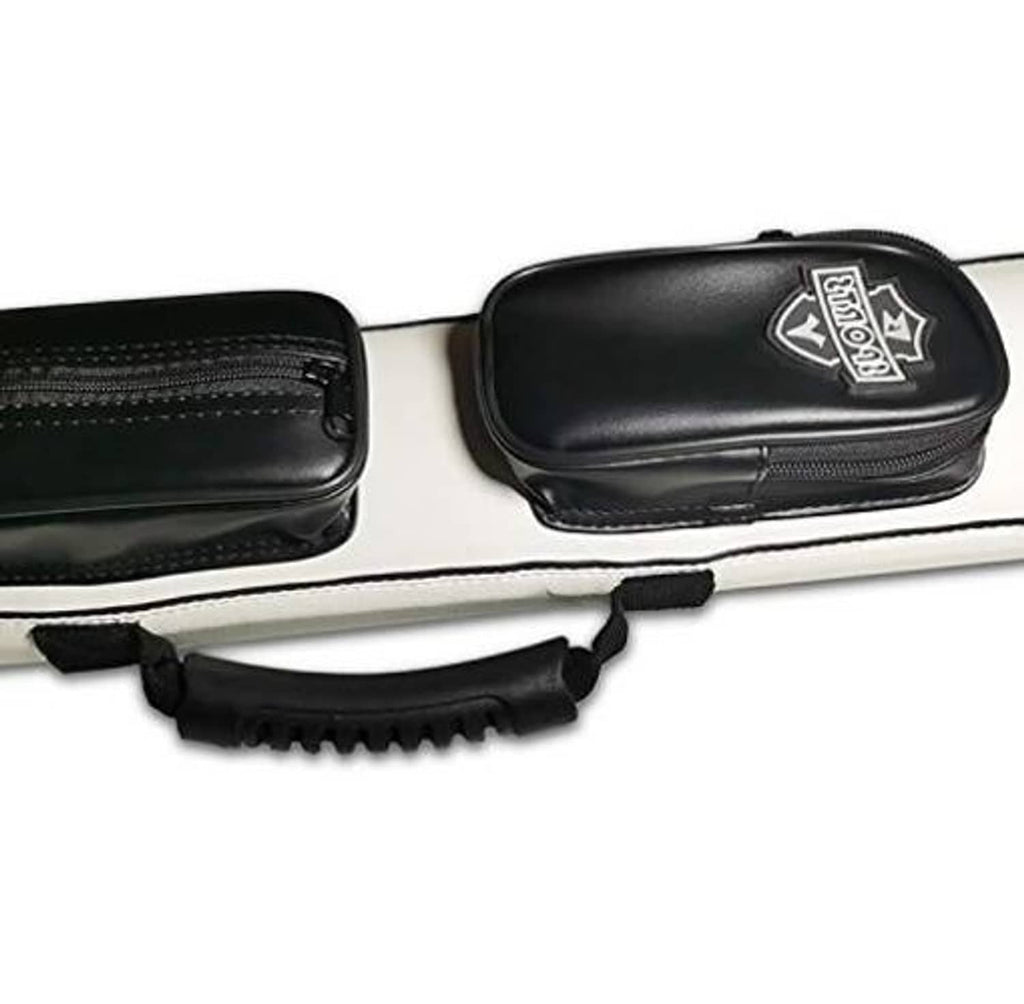 Black padded cue pockets on a white cue case with zipper closures and carry strap