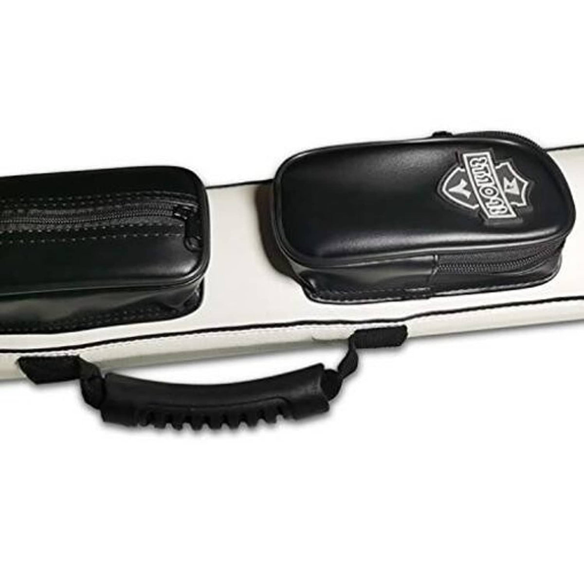Black padded cue pockets on a white cue case with zipper closures and carry strap