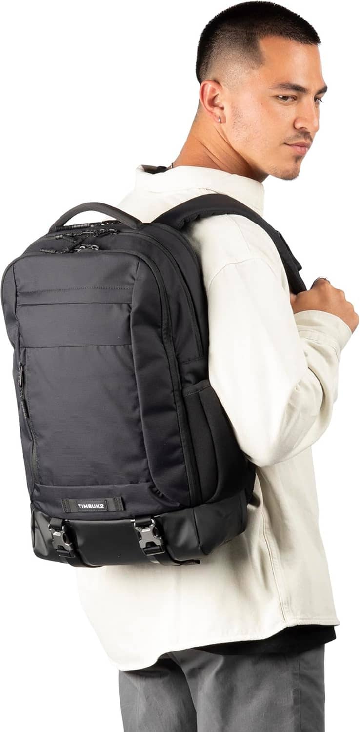 Black Authority laptop backpack worn on back with padded shoulder straps
