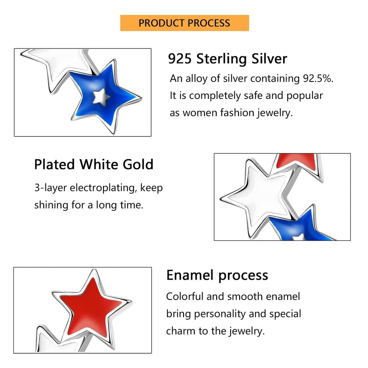 Enamel star stud earrings with red and blue stars on silver-tone backing