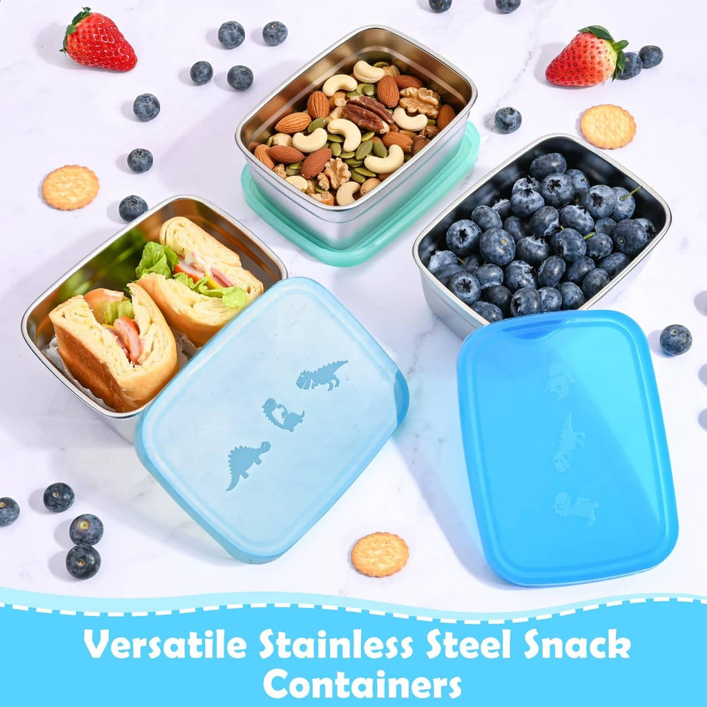 Tanjiae 3-pack stainless steel snack containers with dino silicone lids, assorted foods