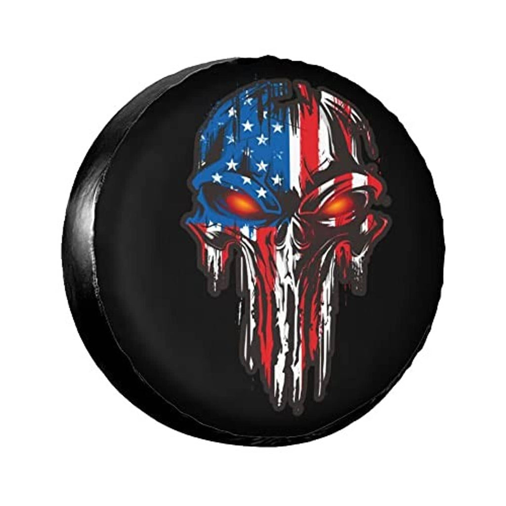 Black round spare tire cover featuring American flag skull face graphic