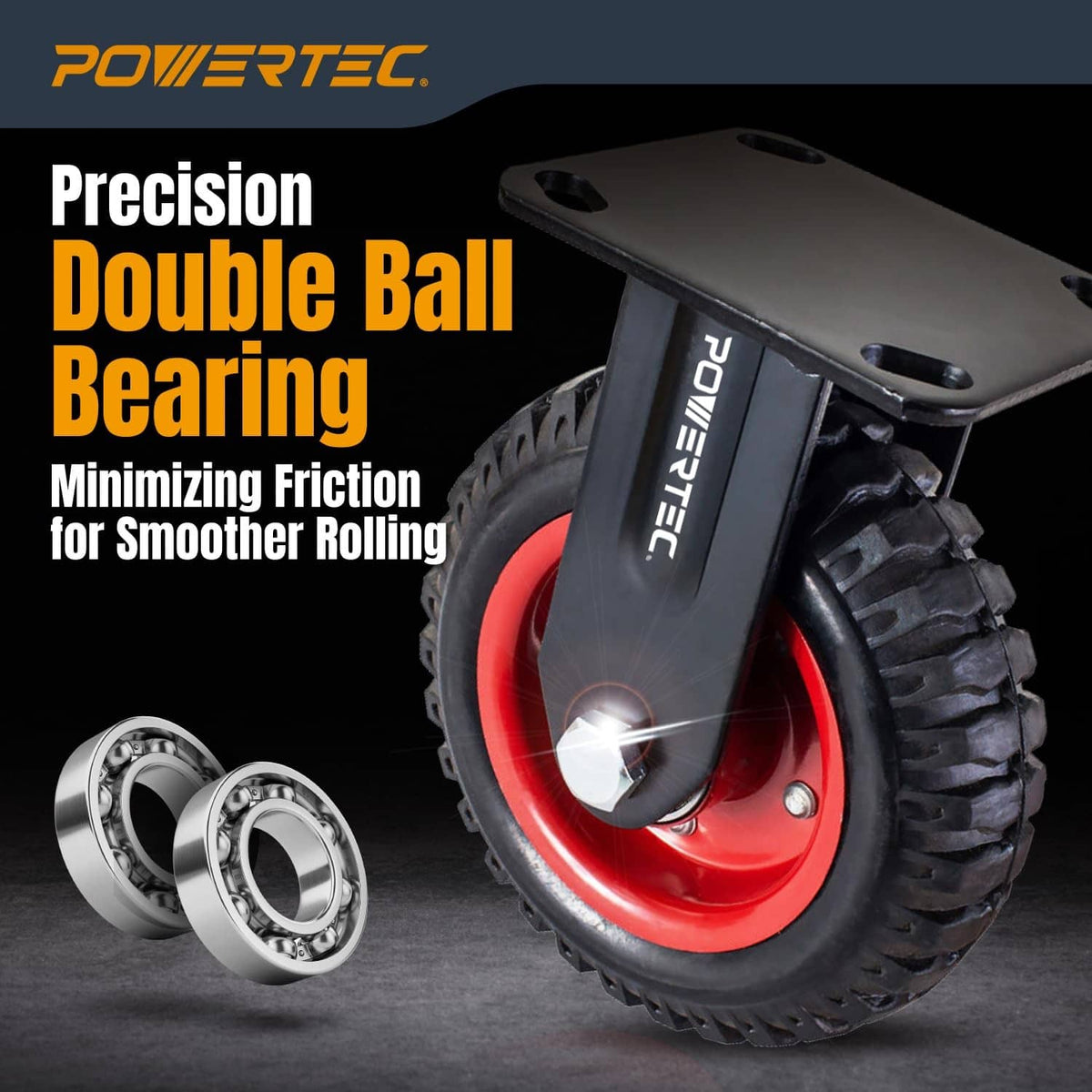 Fixed plate caster wheel with double ball bearing, black frame and red treaded wheel