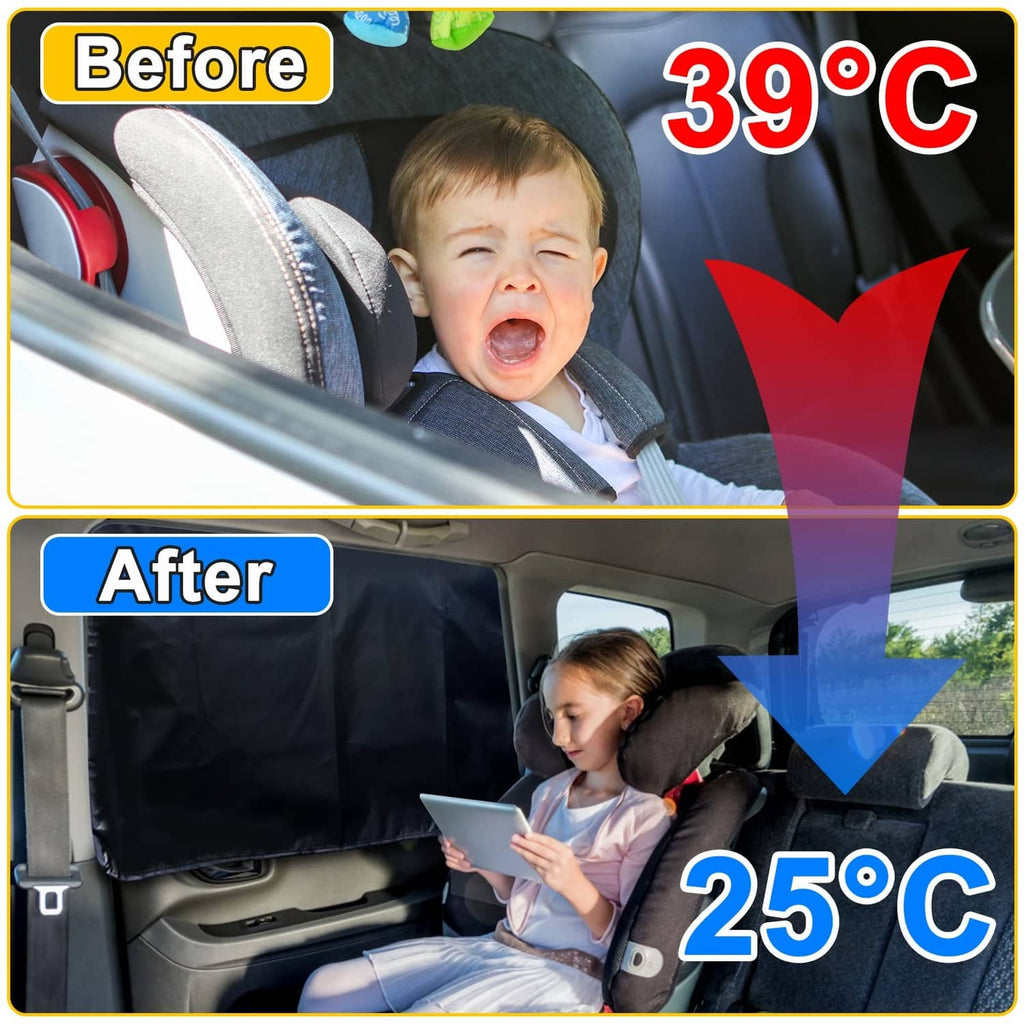 Black side car window shade covering window area, before-and-after view