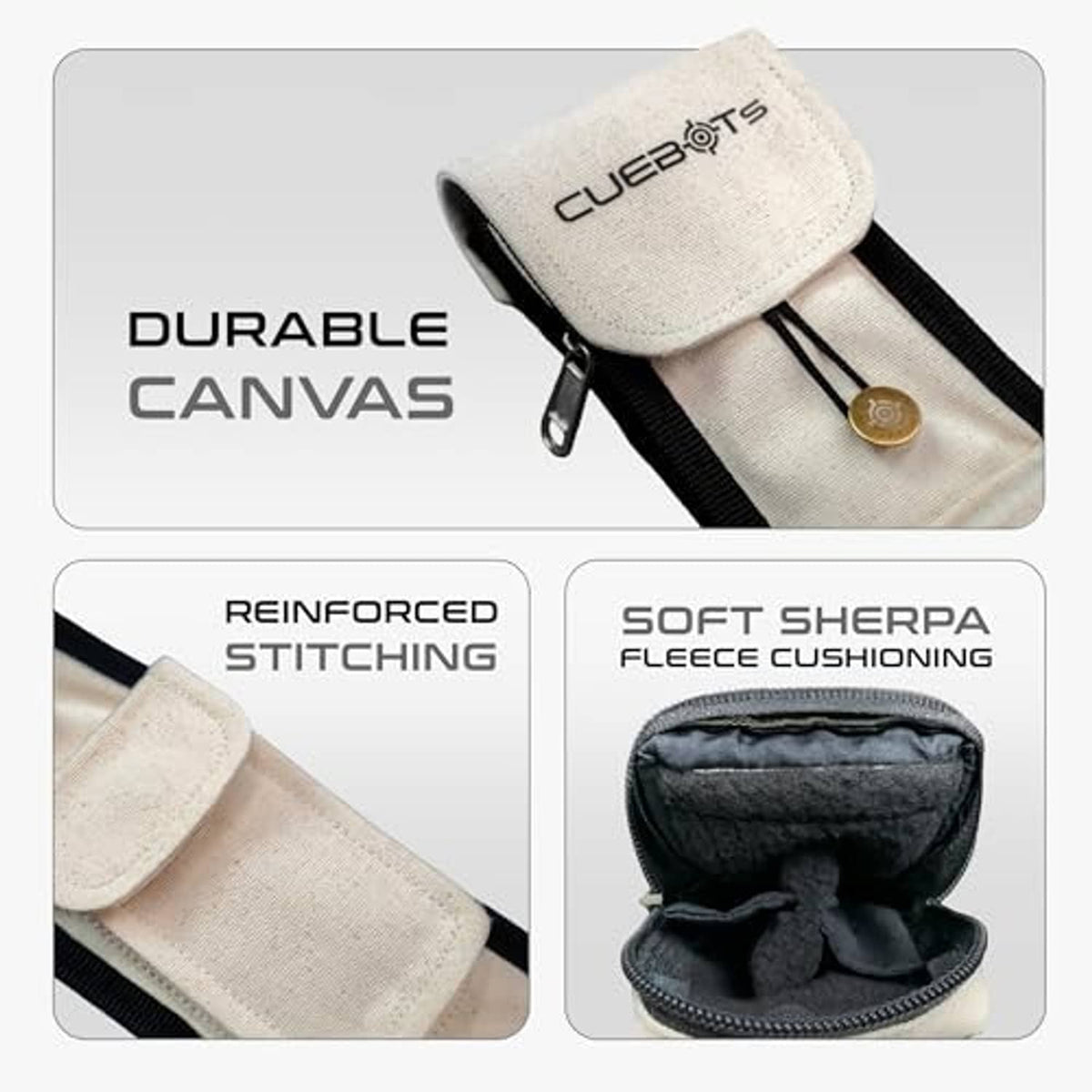 Off-white canvas cue case with padded inner lining and reinforced seam panels