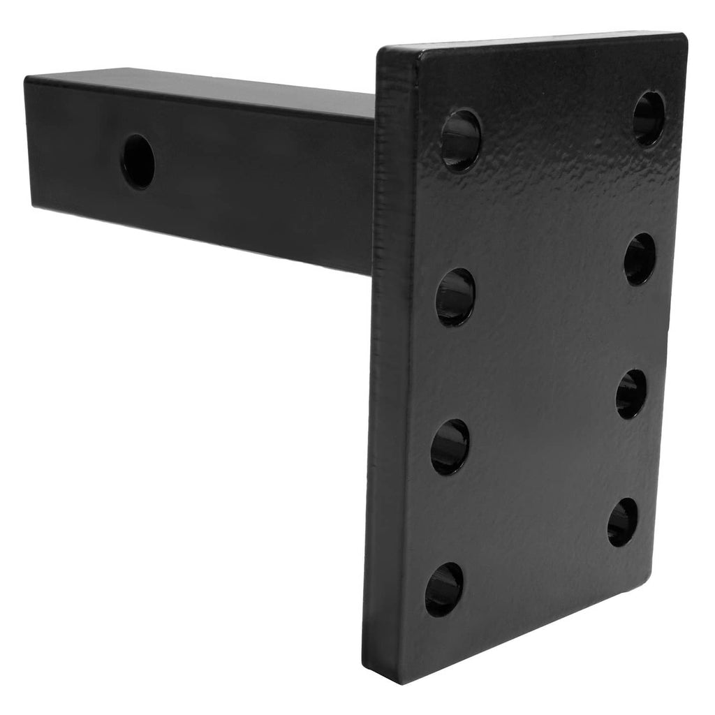 Hitch mounting plate with wide side face and bolt holes, black powder-coated steel