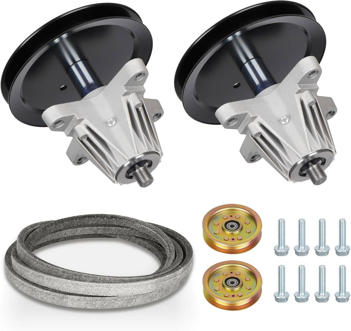 Mower deck rebuild kit with two black spindle assemblies, belt loop, pulleys, mounting bolts