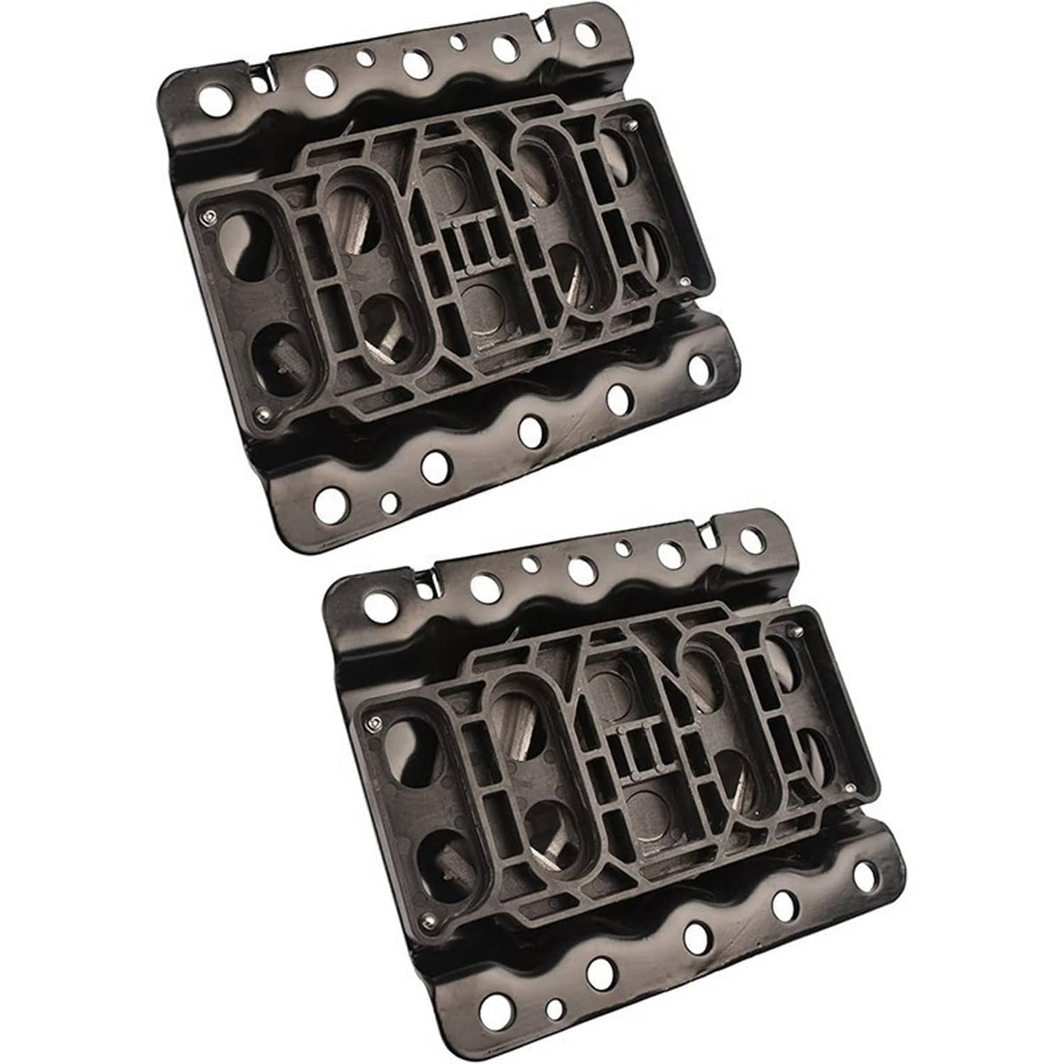 Two engine mount brackets with black textured underside and circular mounting holes