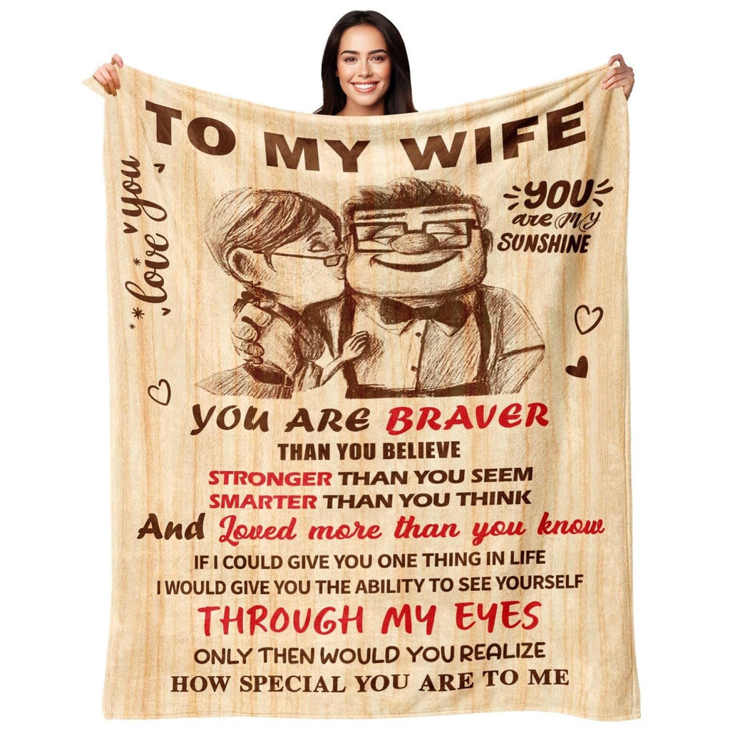 To My Wife throw blanket with couple kiss illustration and love quote text border
