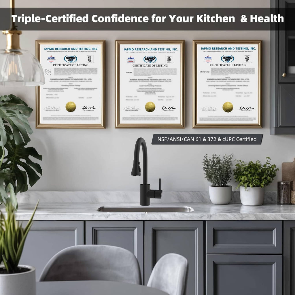 Matte black pull-down kitchen faucet with sprayer above sink