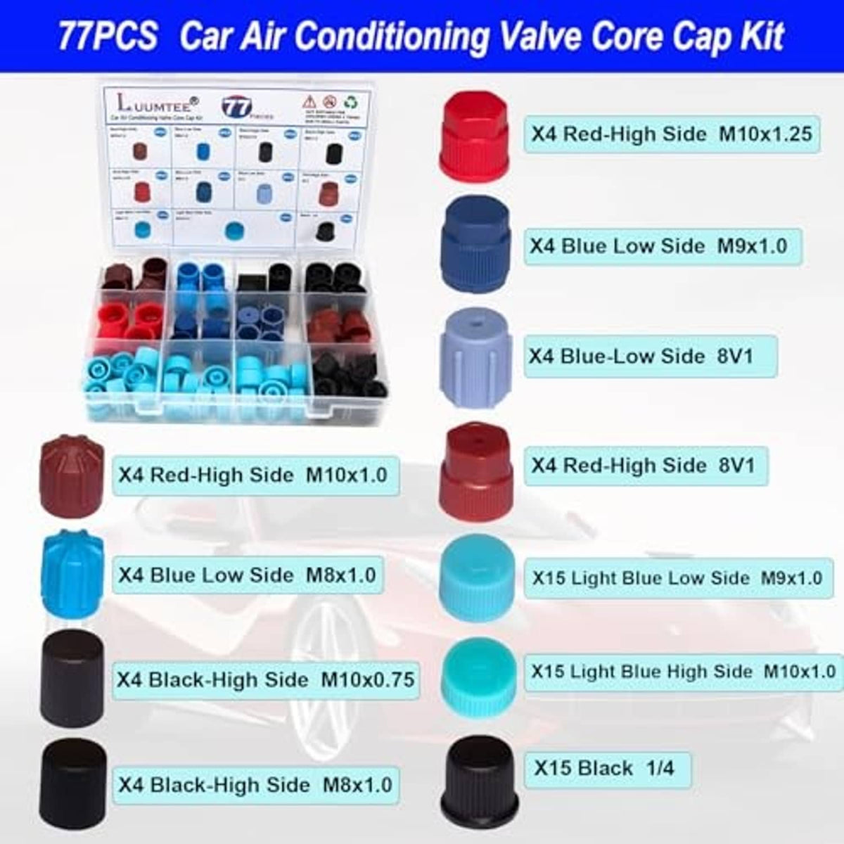 AC valve core cap kit with red, blue, gray, and black caps