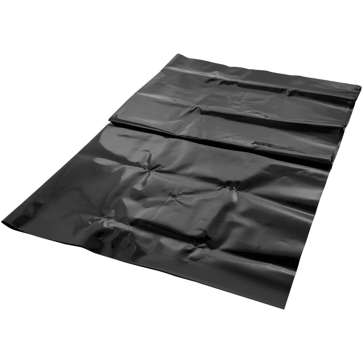 LLDPE pond liner sheet, dark gray/black, folded with visible creases and seams