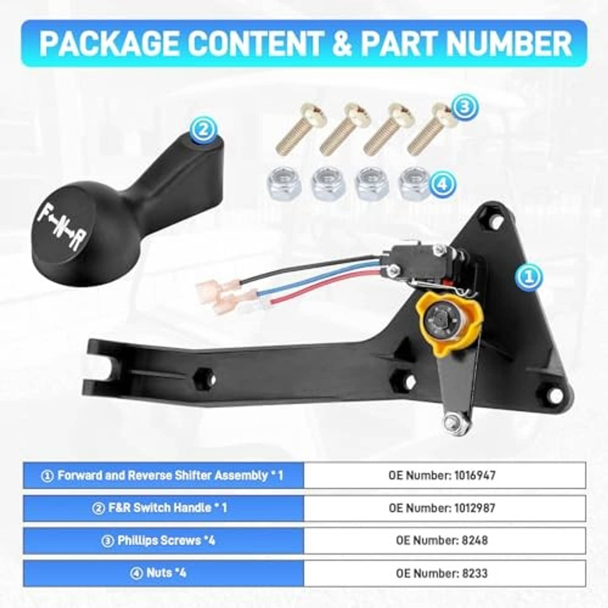 Forward and reverse shifter assembly kit with black handle, wiring switch, and mounting nuts