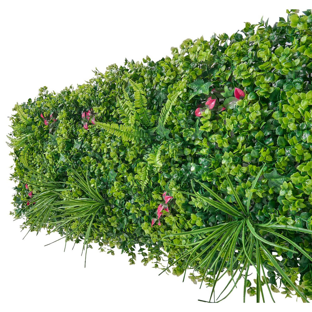 Artificial greenery wall panel with dense green leaves and small pink flowers