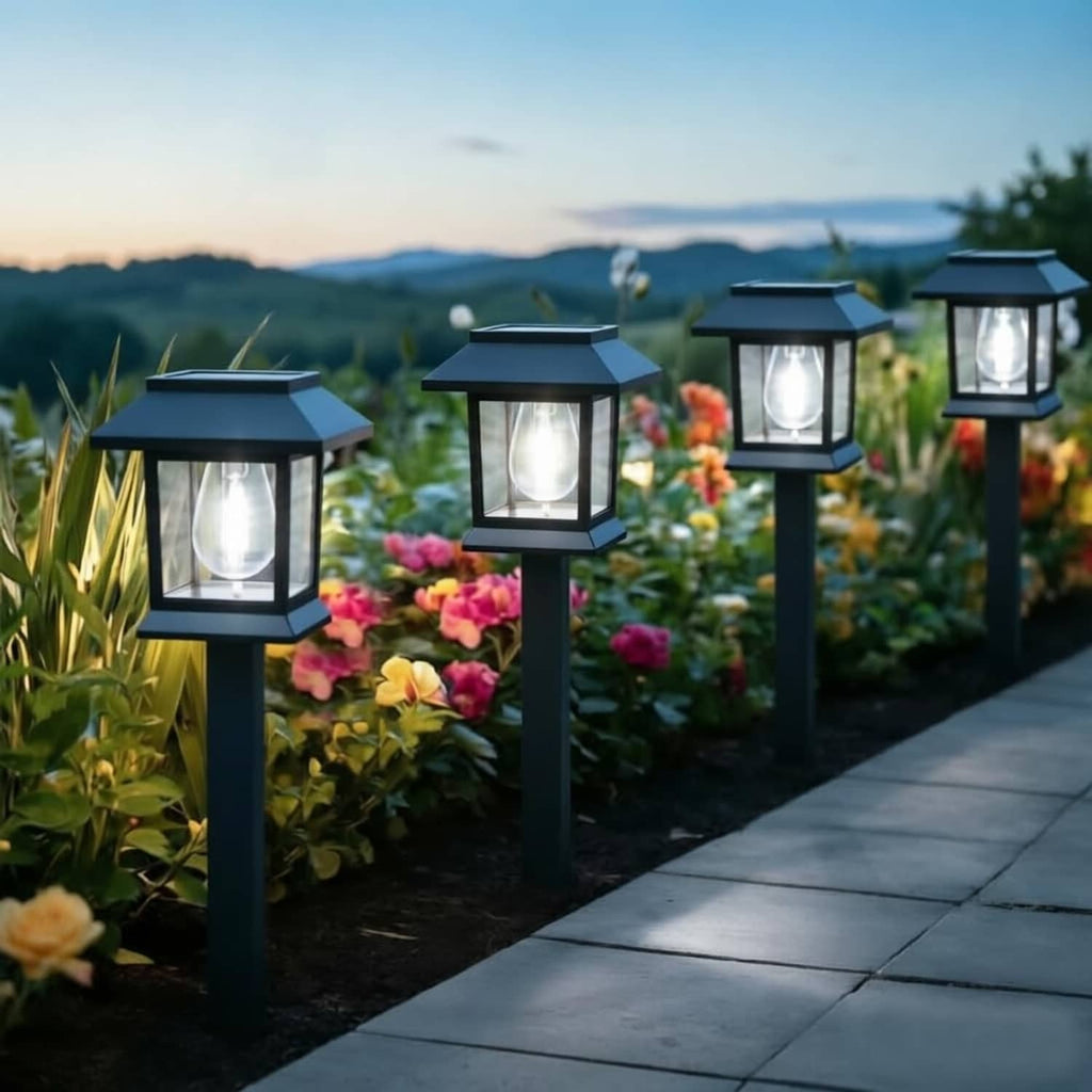 Black solar pathway lantern lights, 6-pack set with clear glass panels