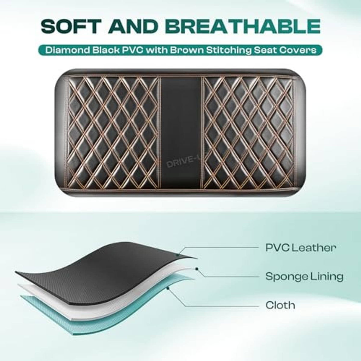 Black diamond quilt seat cover with brown stitching; includes layered PVC and lining diagram