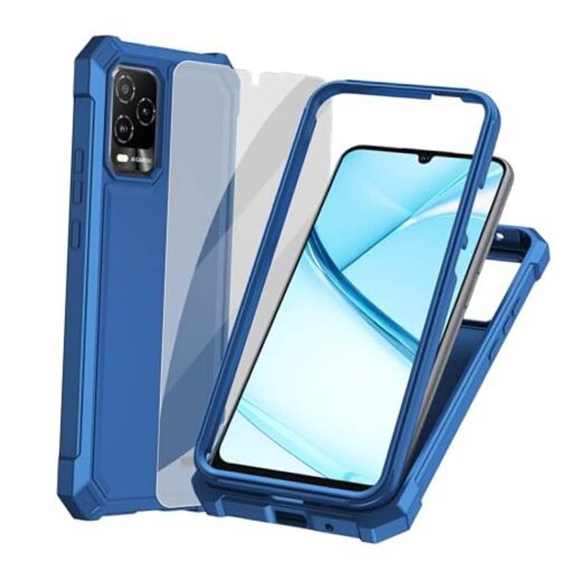 Blue dual-layer phone case with raised camera cutout and air-guard corners
