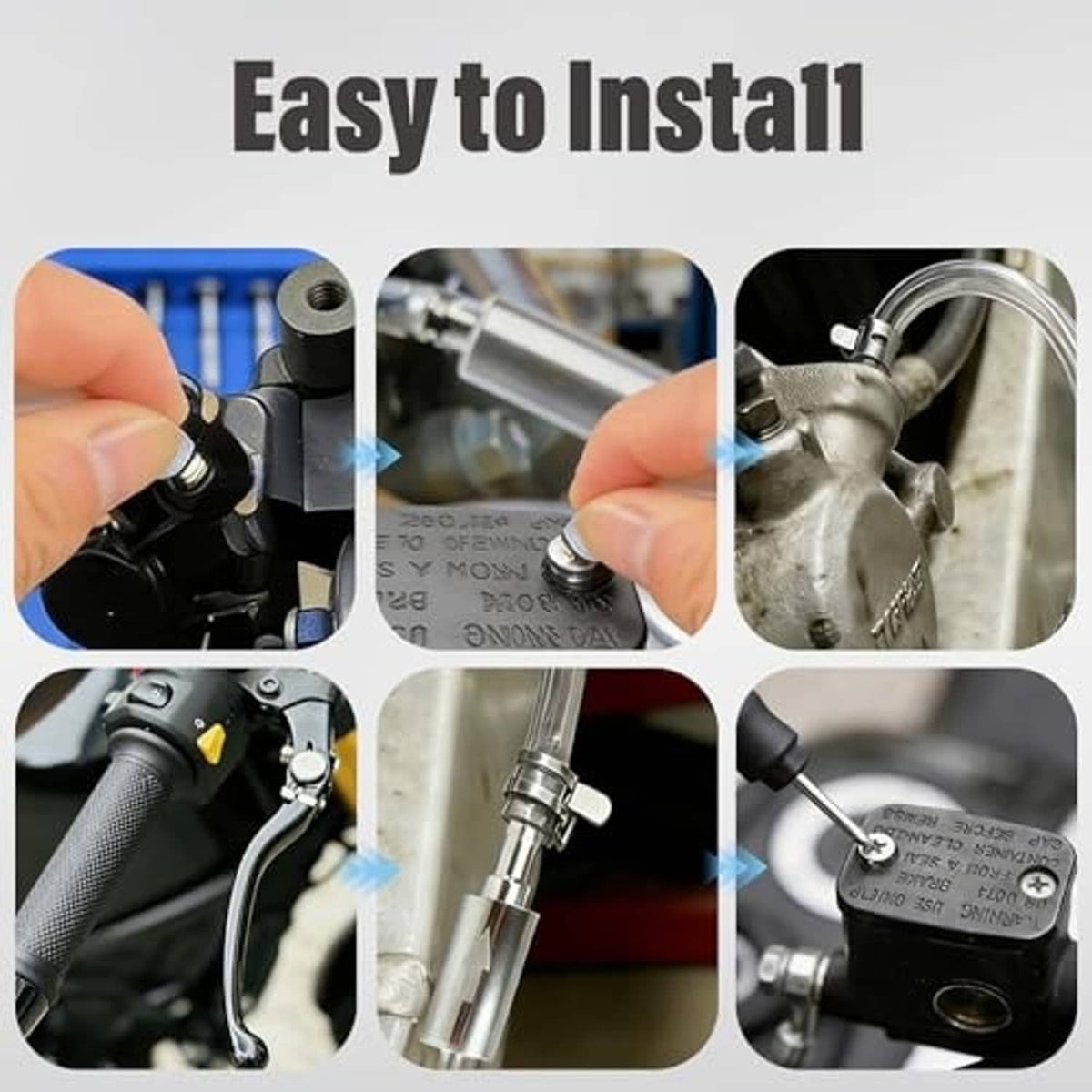 Brake bleeder kit installation close-up with fittings and connected metal syringe body