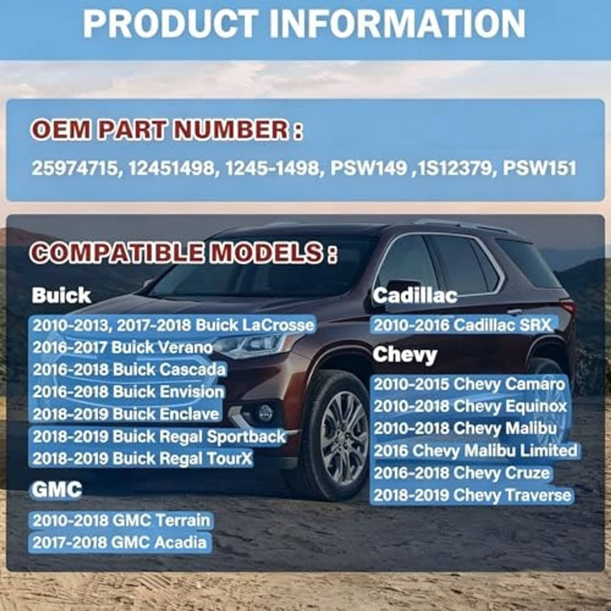 Compatible vehicle models graphic featuring cars, with power seat adjust switch info panel