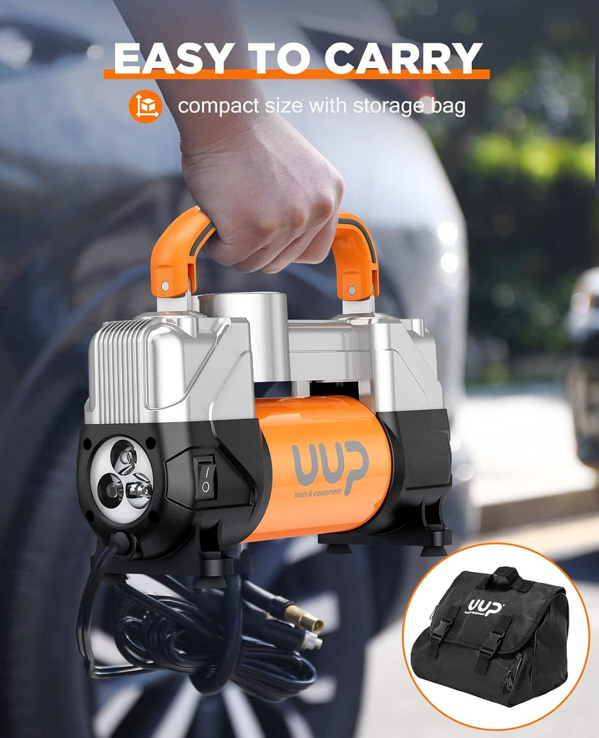 Portable 12V tire inflator with carry handle being held and storage bag shown