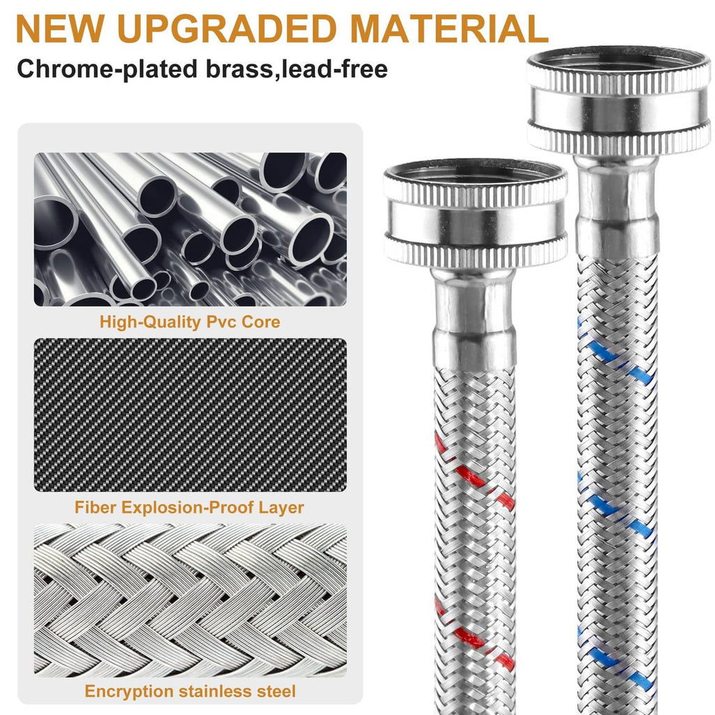 Braided stainless steel washing hose with chrome-plated brass threaded ends