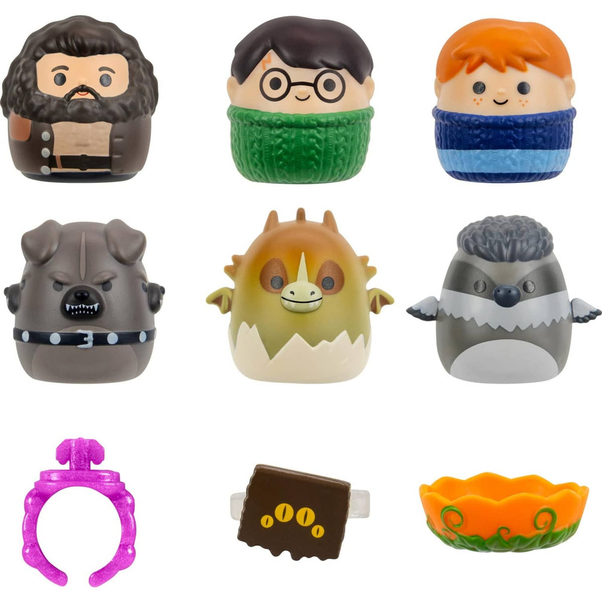 Set of six mini squish toy figures with different character faces and squishy bases