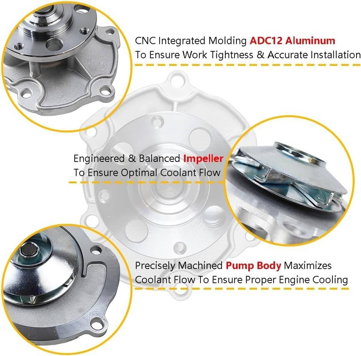 Automotive water pump assembly with aluminum housing, impeller, and mounting base