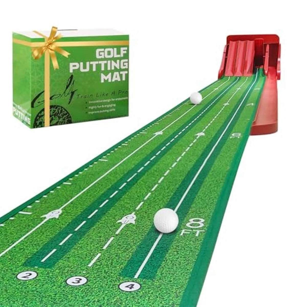 Green golf putting mat with four reversible flip ramps and white practice balls