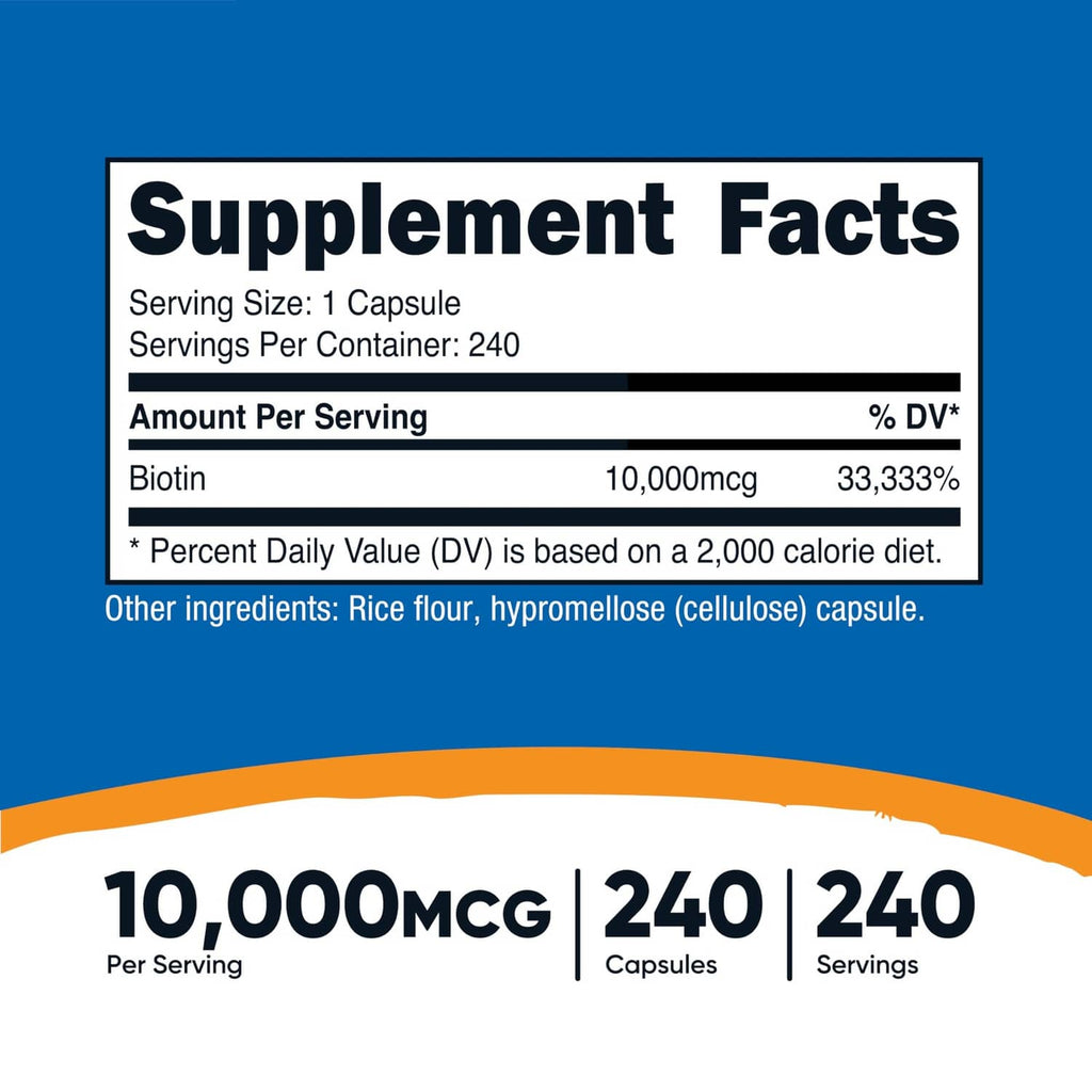 Biotin supplement facts panel showing 10,000 mcg and 240 servings