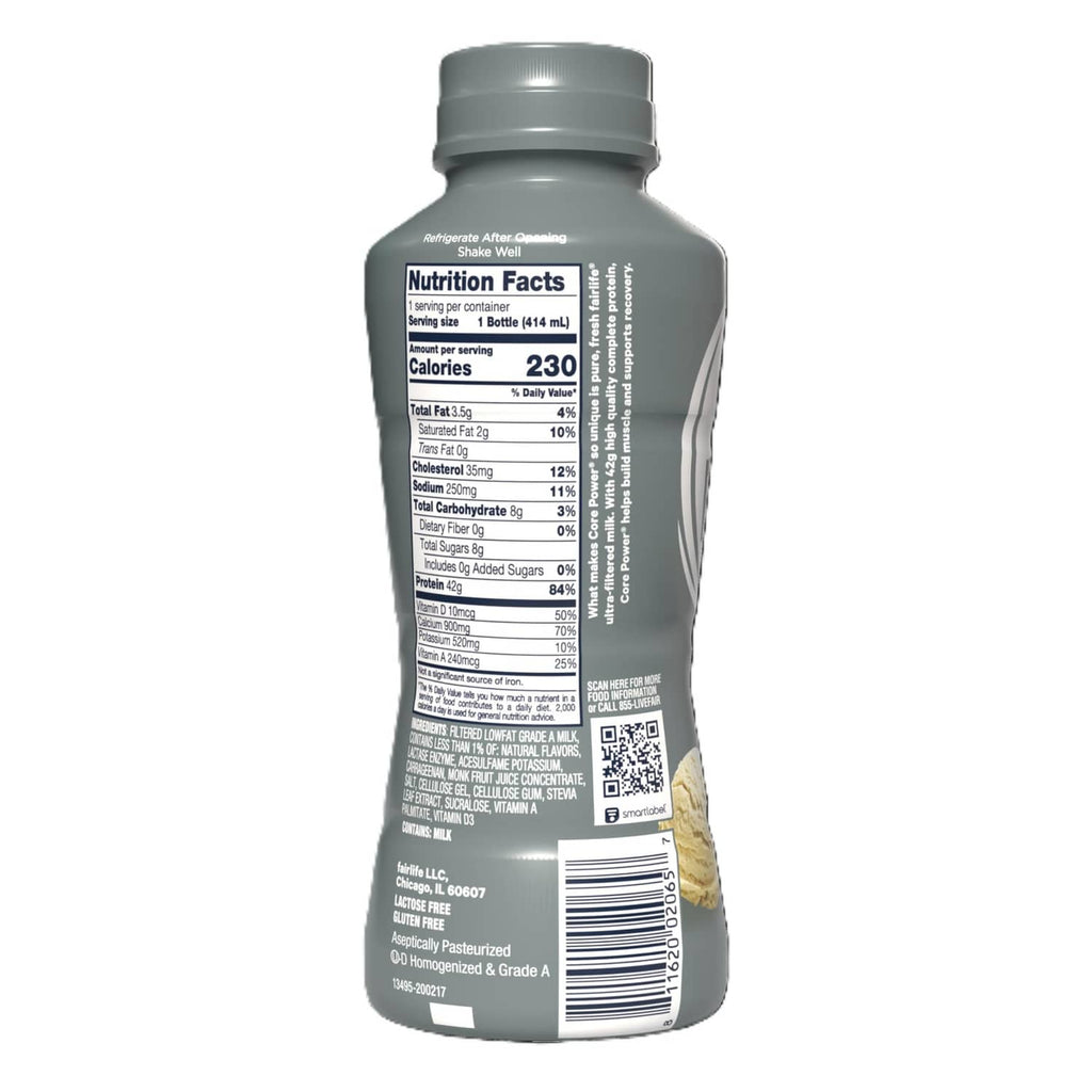 Back label of vanilla protein shake bottle with Nutrition Facts and barcode